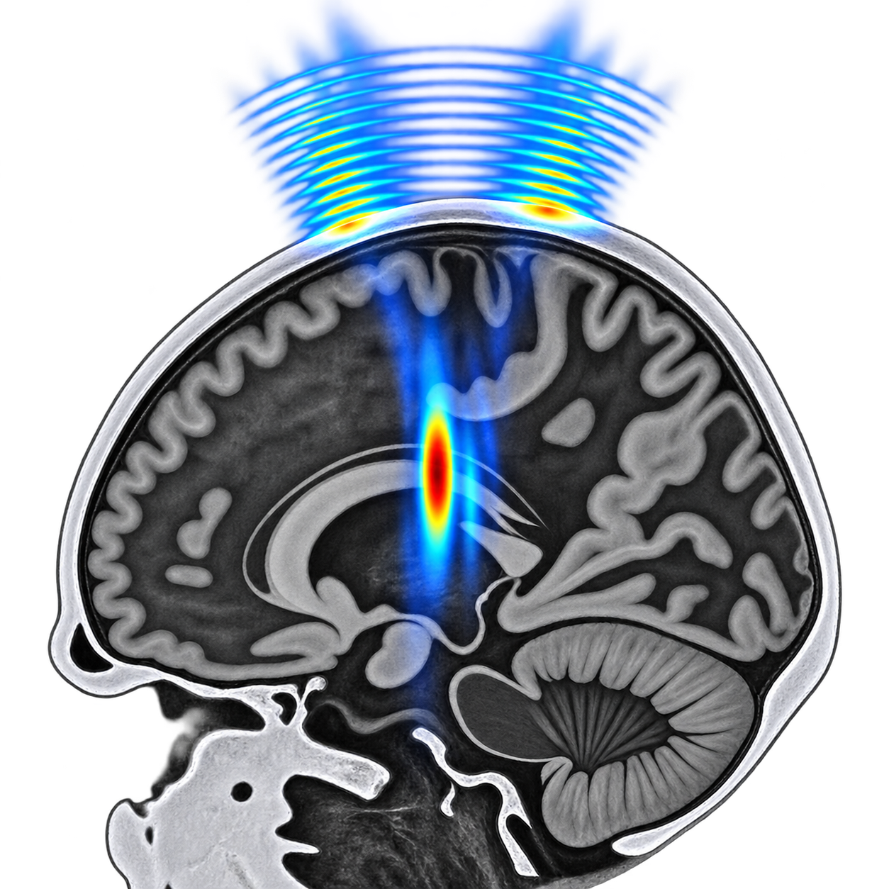 Sagittal brain MRI visualisation with a focused ultrasound overlay